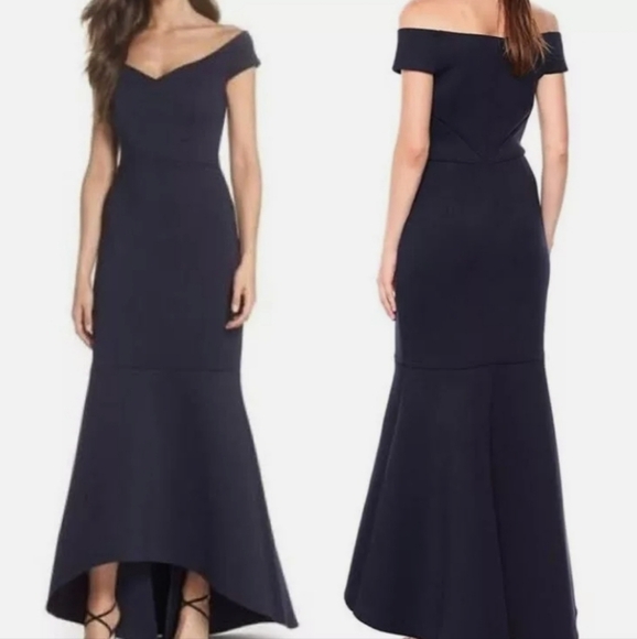 Eliza J Navy Sweetheart Neckline Off Shoulder High Low Mermaid Form Fitting Gown - Picture 1 of 10